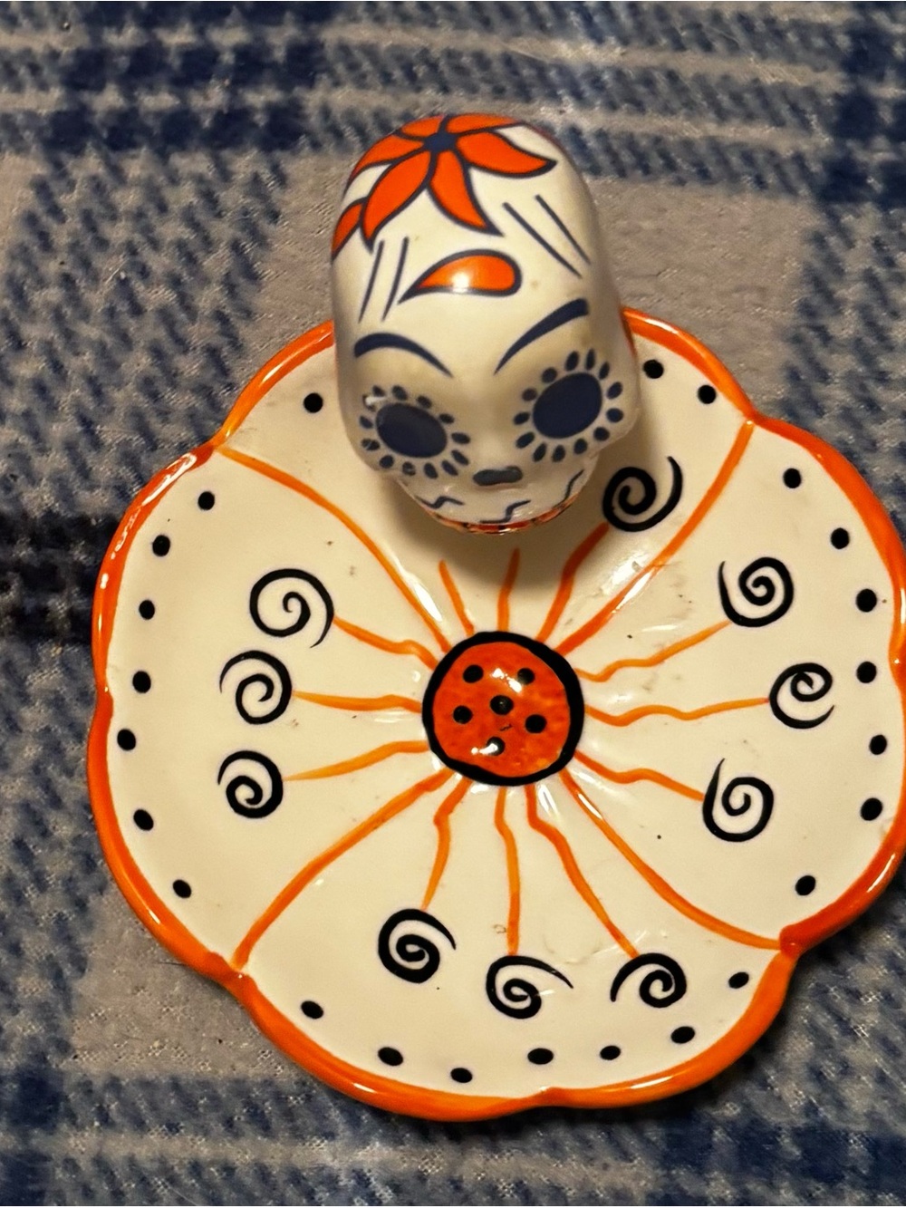 Hand-Painted Orange and White Ceramic Skull Dish - Home Art Accent